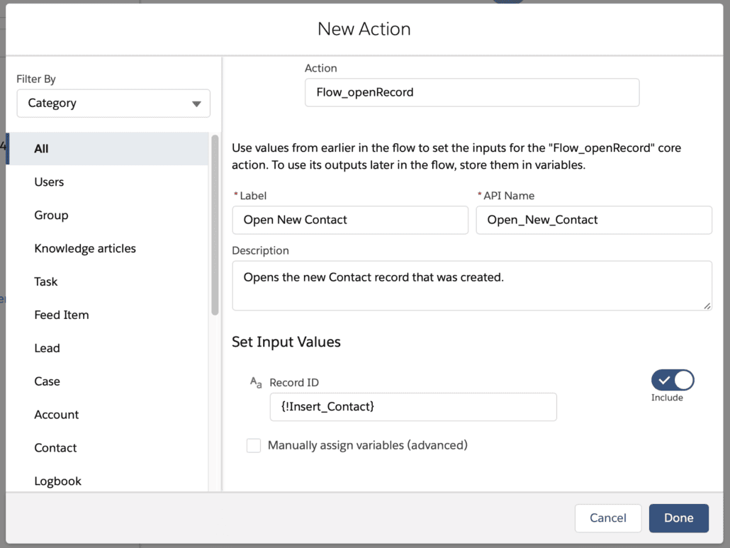 Flujo de Salesforce para redireccionar para registrar una acción personalizada