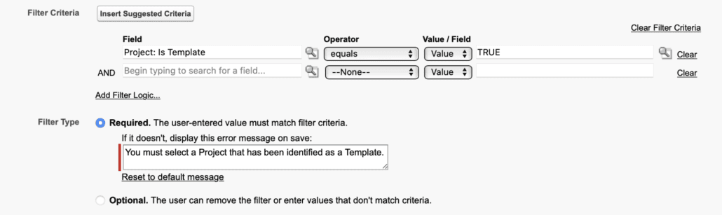 Agregar criterios de filtro de búsqueda mientras se crean automáticamente proyectos a partir de oportunidades en Inspire Planner