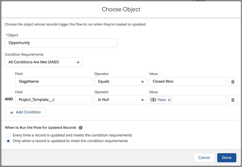 Salesforce Flow para crear proyectos automáticamente a partir de oportunidades en Inspire Planner