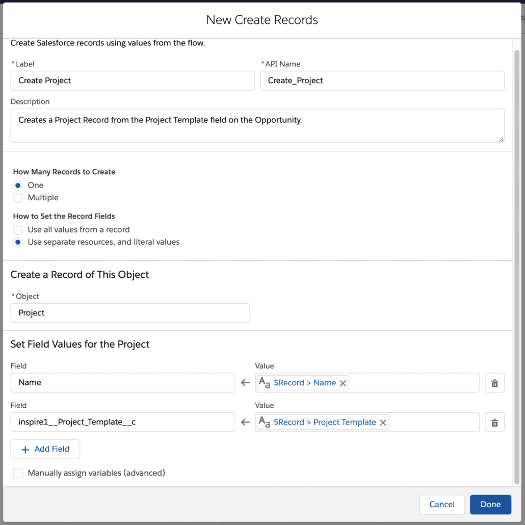 Salesforce Flow para crear proyectos automáticamente a partir de oportunidades en Inspire Planner