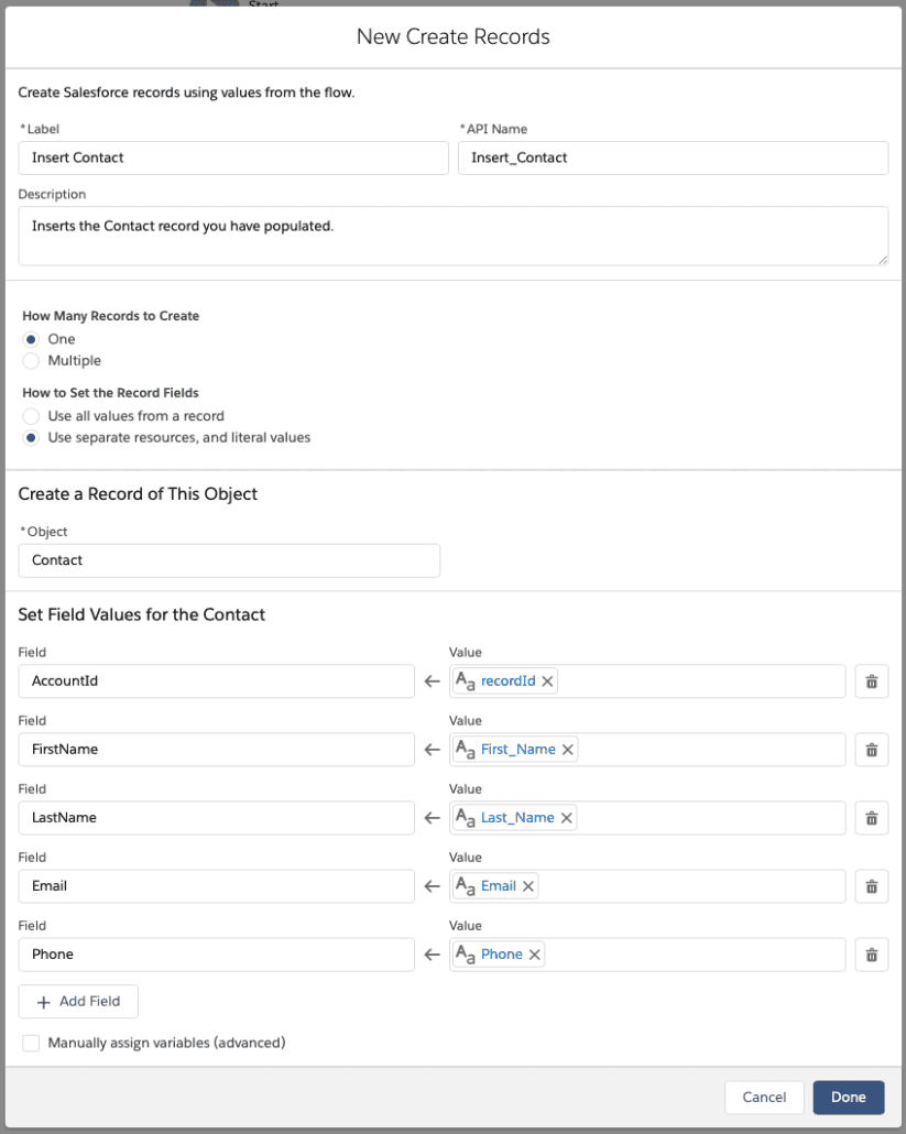 Flujo de Salesforce para crear rápidamente un registro de contacto secundario Paso 3