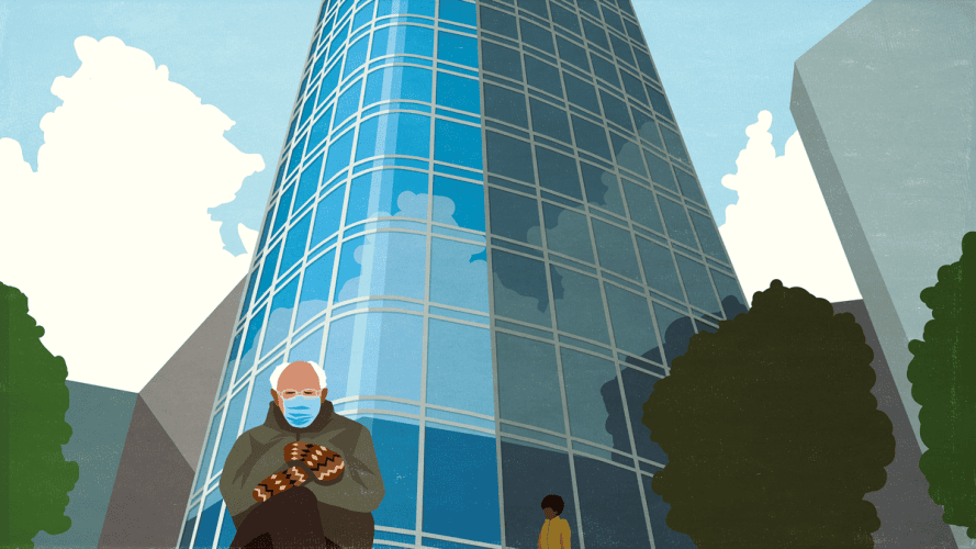 Ilustración de la foto del meme "Bernie se sienta" frente a los desarrolladores de TI de San Francisco Salesforce Tower Heroku