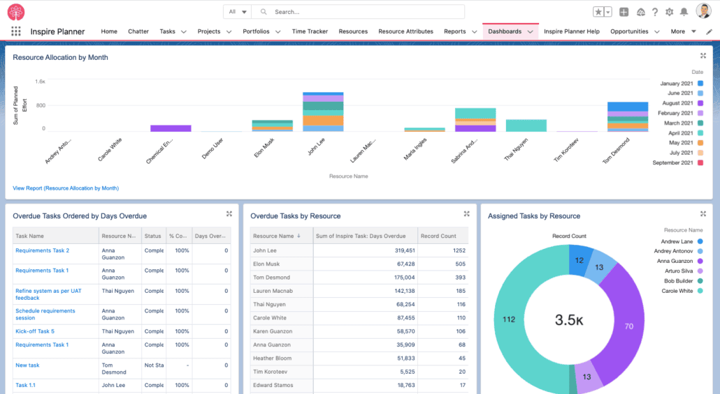 Panel de control de Resource Manager en Inspire Planner, una aplicación de gestión de proyectos nativa de Salesforce