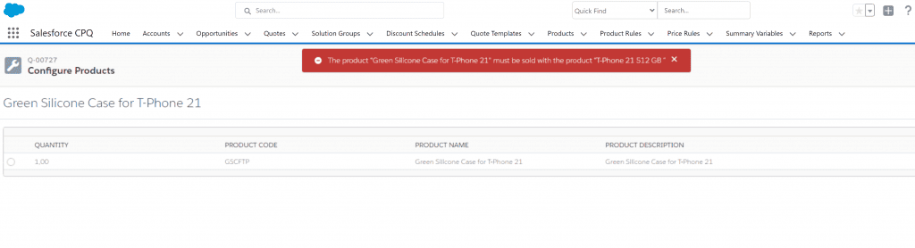Ejemplo de error de Salesforce CPQ